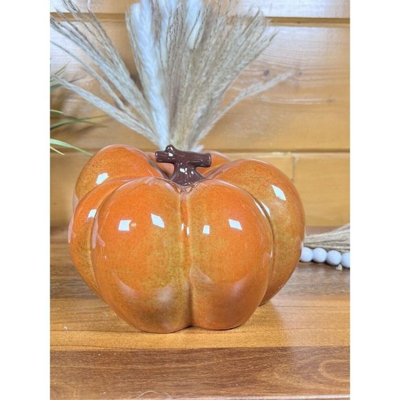 New CERAMIC PUMPKIN 8" Glazed Golden Orange with Brown Stem Fall Decor #4141 - Picture 3 of 9